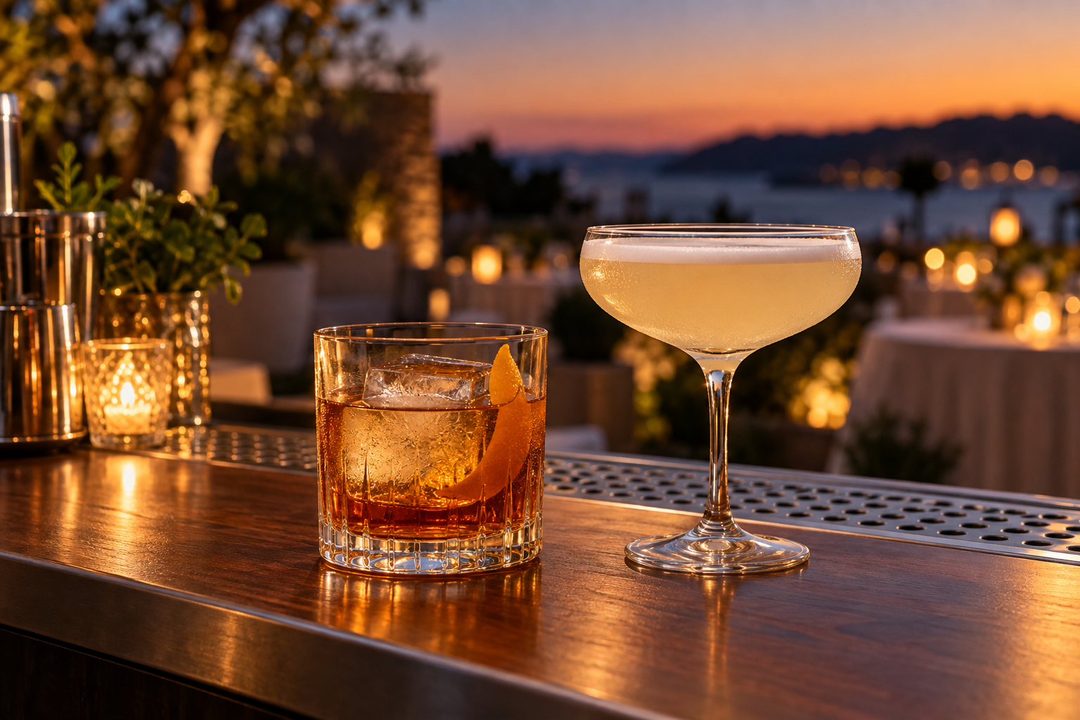 An amber cocktail and a coupe cocktail on a bar at sunset